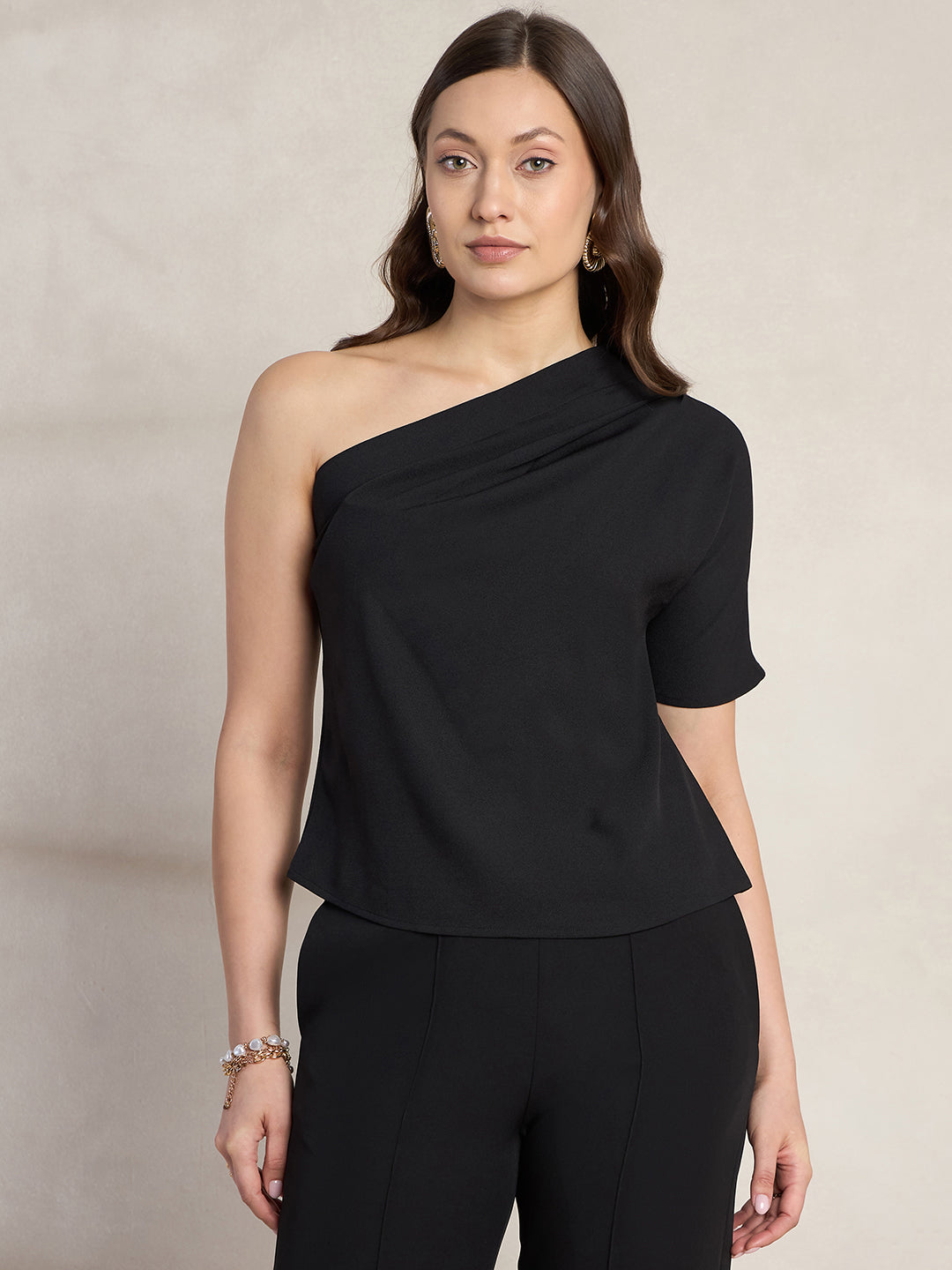 Black Pleated One Shoulder Top