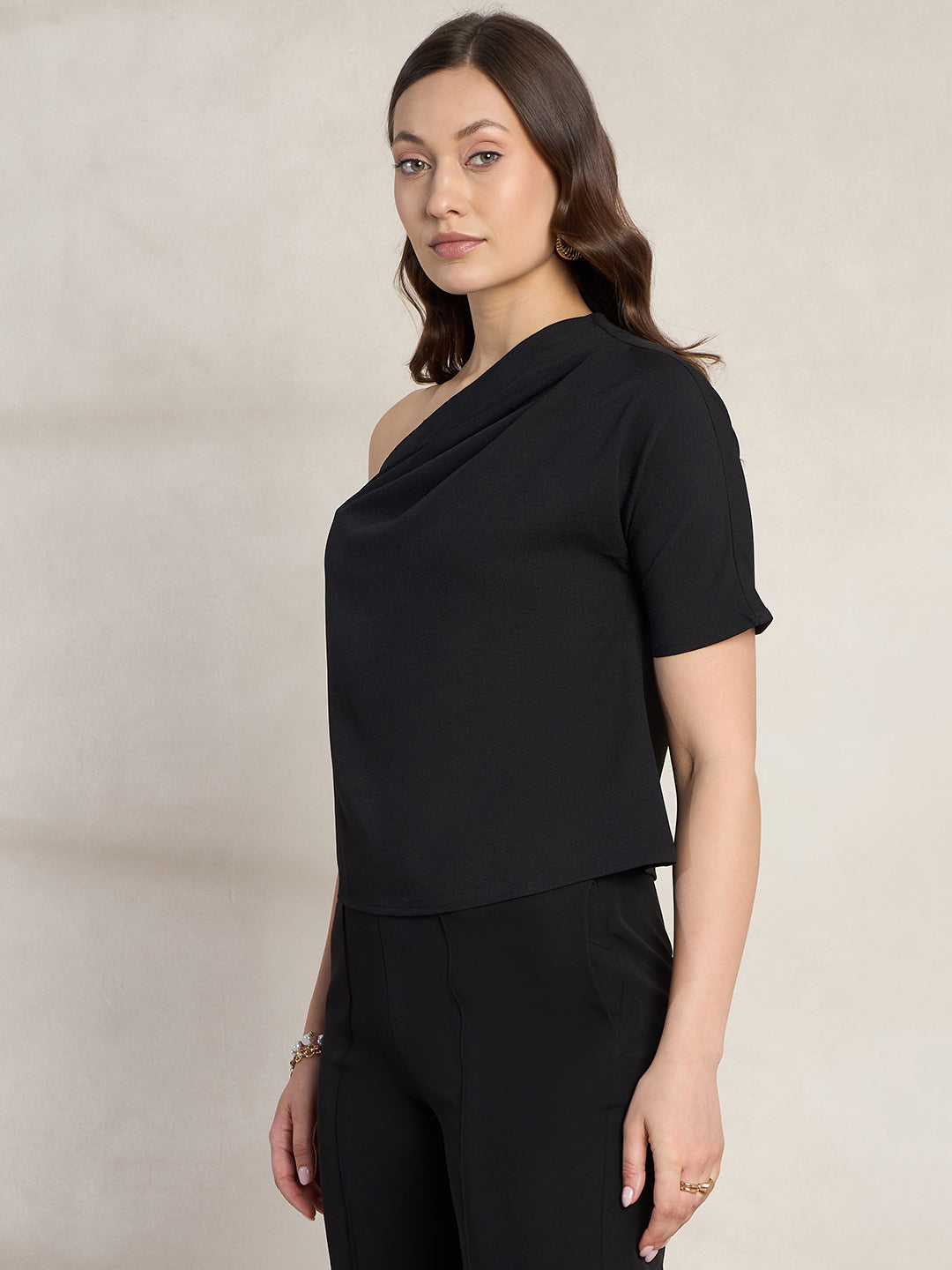 Black Pleated One Shoulder Top