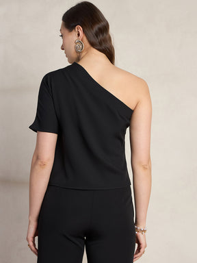 Black Pleated One Shoulder Top