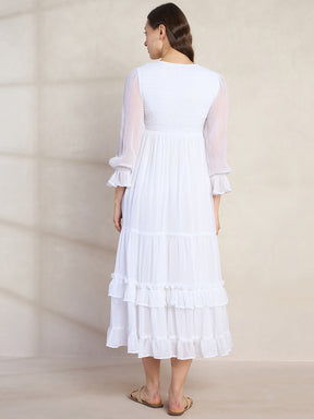 White Smocking Tiered Maxi Dress