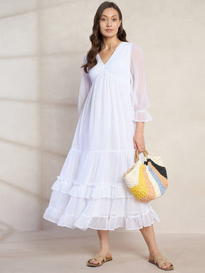 White Smocking Tiered Maxi Dress