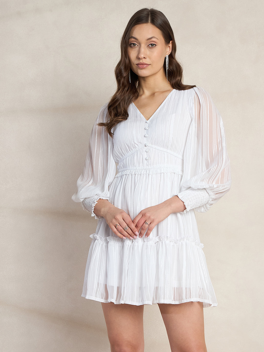 White Lurex Tiered Mini Dress