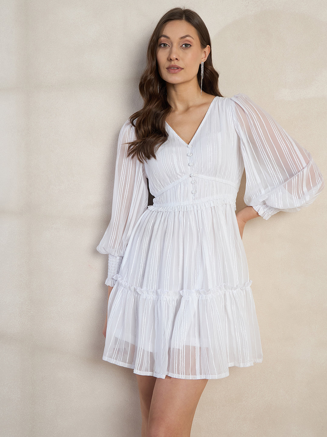 White Lurex Tiered Mini Dress