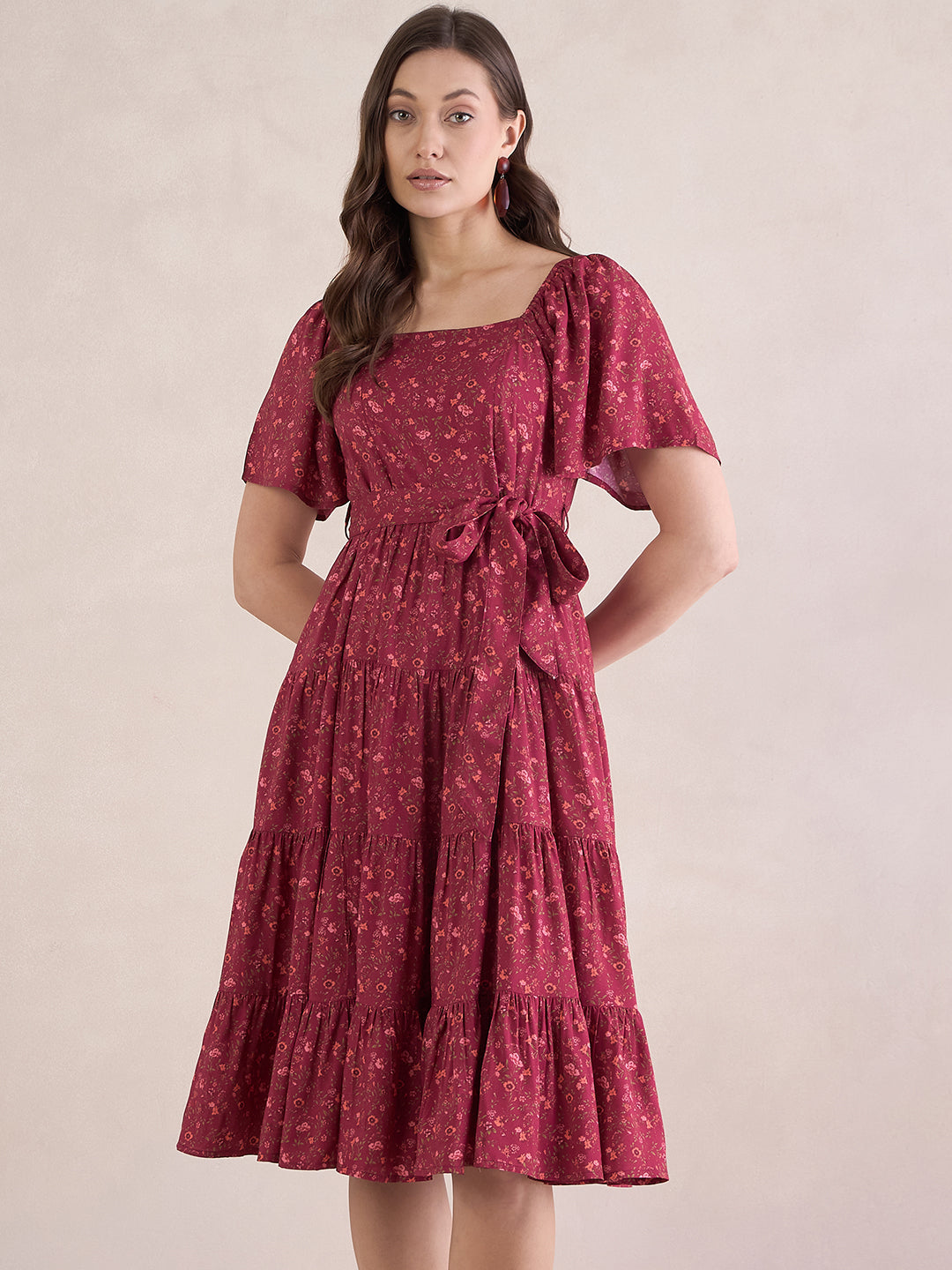 Red Ditsy Floral Tiered Midi Dress