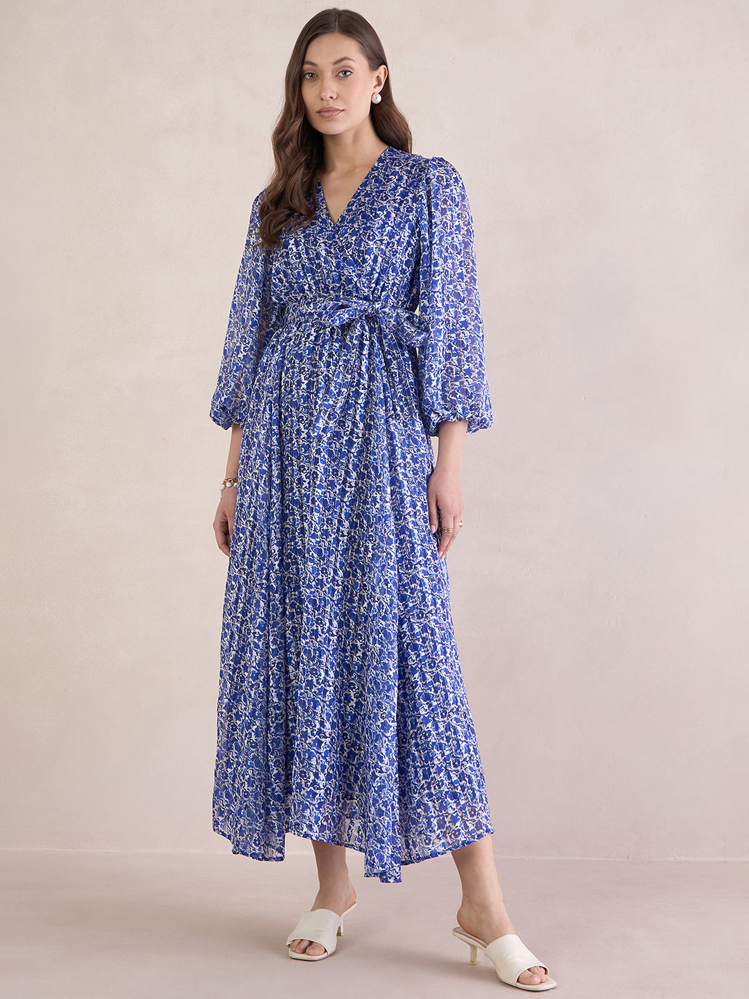 Blue Floral Lurex Wrap Maxi Dress