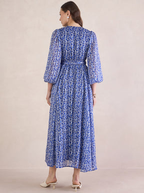 Blue Floral Lurex Wrap Maxi Dress