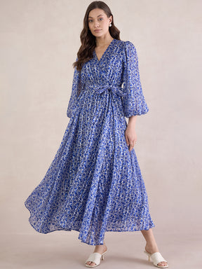 Blue Floral Lurex Wrap Maxi Dress