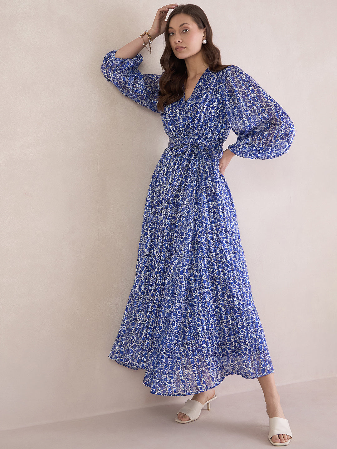 Blue Floral Lurex Wrap Maxi Dress