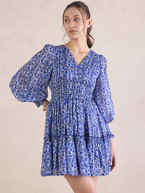 Blue Floral Lurex Tiered Mini Dress