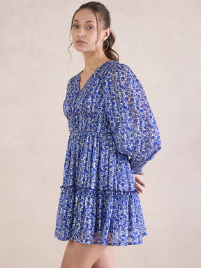 Blue Floral Lurex Tiered Mini Dress