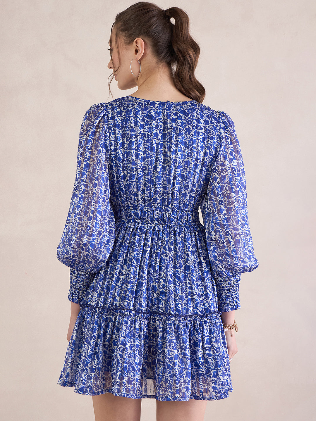 Blue Floral Lurex Tiered Mini Dress