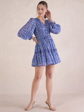 Blue Floral Lurex Tiered Mini Dress