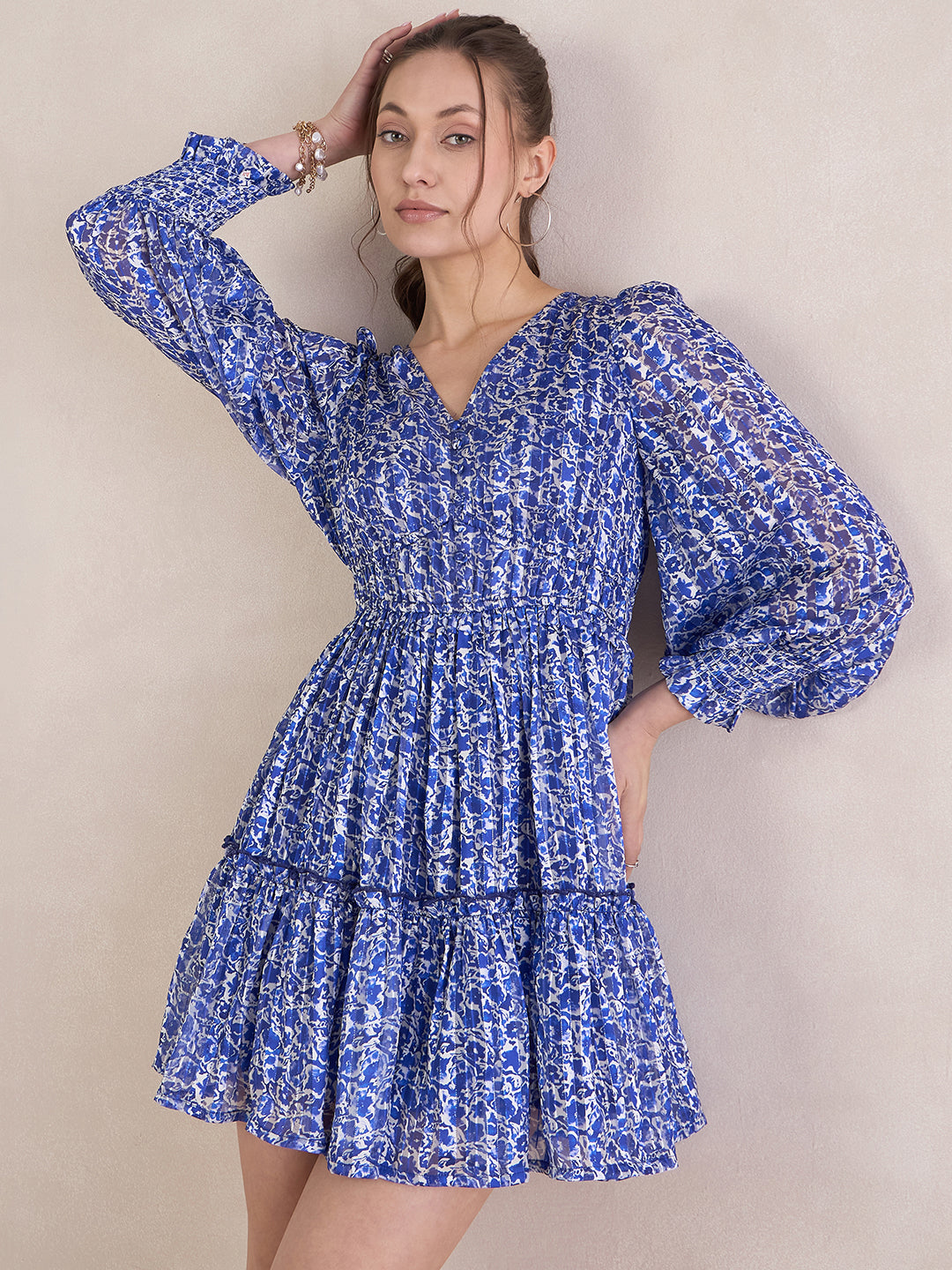 Blue Floral Lurex Tiered Mini Dress