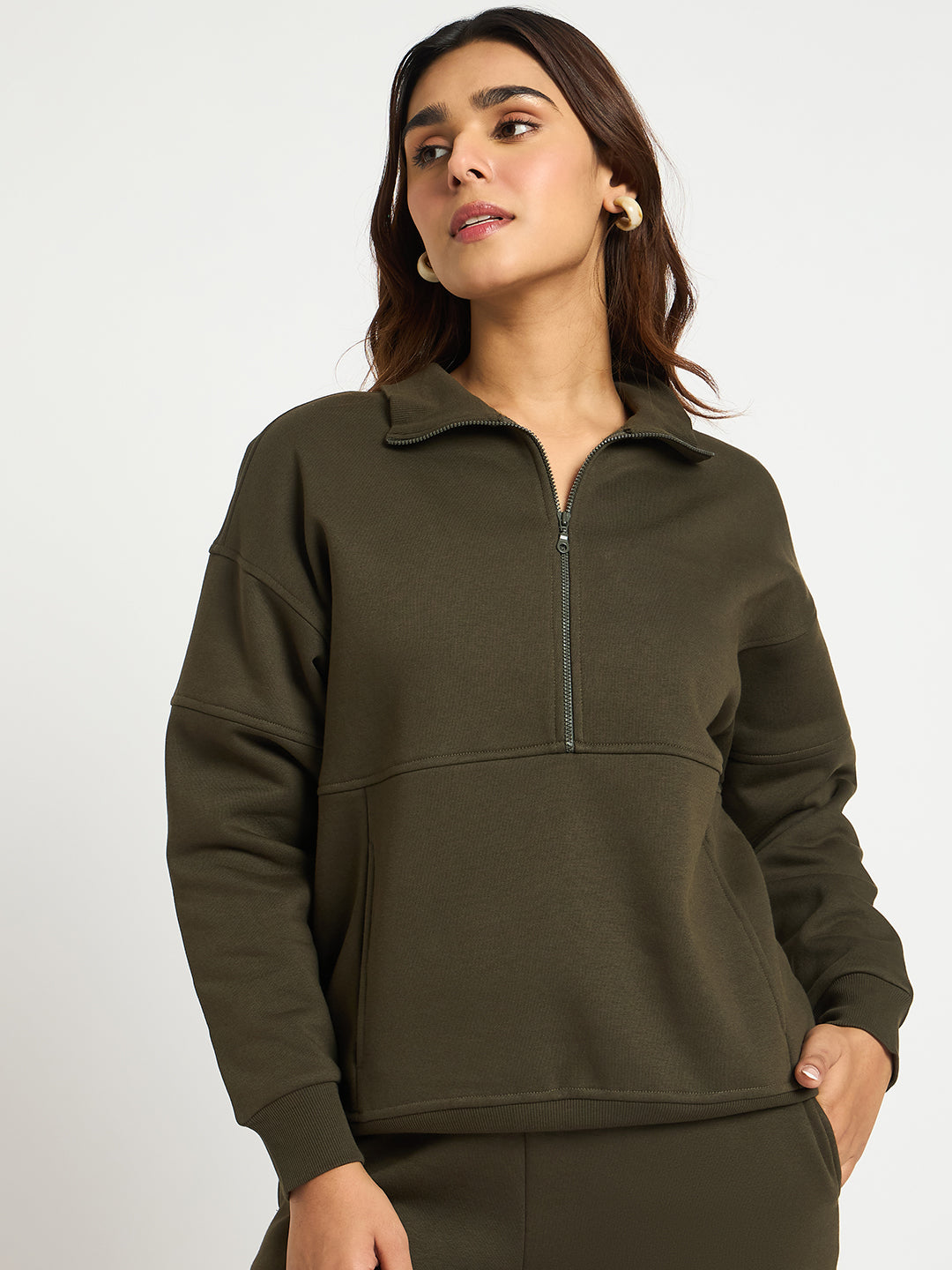 Olive Half Zip Up Fleece Sweatshirt