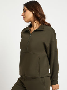 Olive Half Zip Up Fleece Sweatshirt