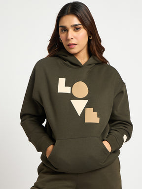 Olive Oversize Fleece Graphic Hoodie