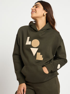 Olive Oversize Fleece Graphic Hoodie