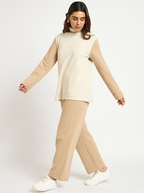 Beige Colorblock High Neck Roll Up Sweater With Straight Pant