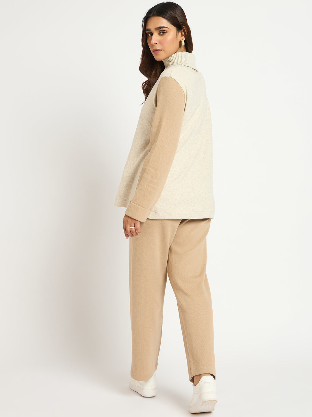 Beige Colorblock High Neck Roll Up Sweater With Straight Pant