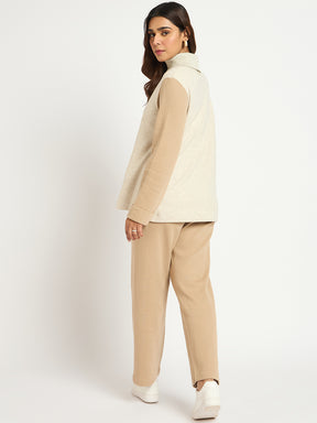 Beige Colorblock High Neck Roll Up Sweater With Straight Pant