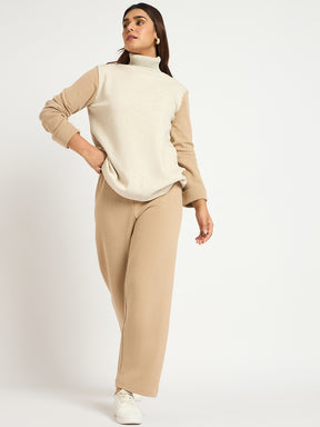 Beige Colorblock High Neck Roll Up Sweater With Straight Pant