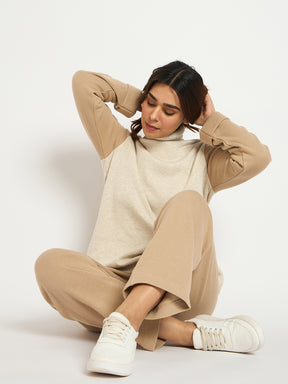 Beige Colorblock High Neck Roll Up Sweater With Straight Pant