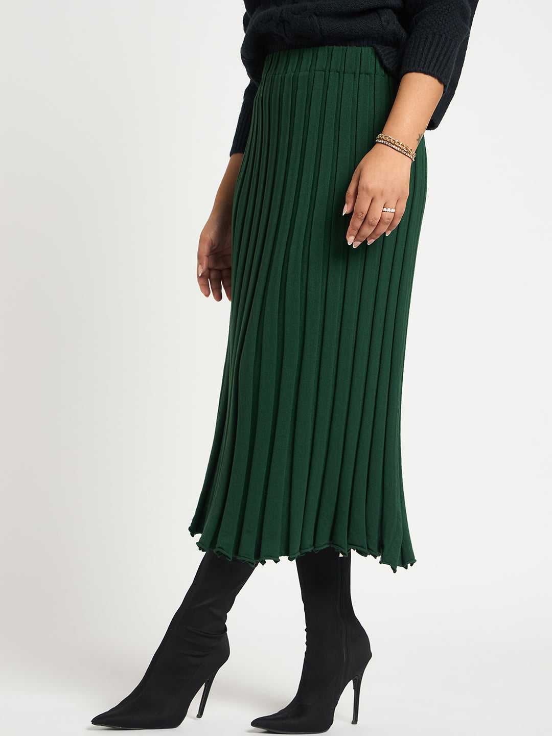 Forest Green Pleated Midi Knit Skirt