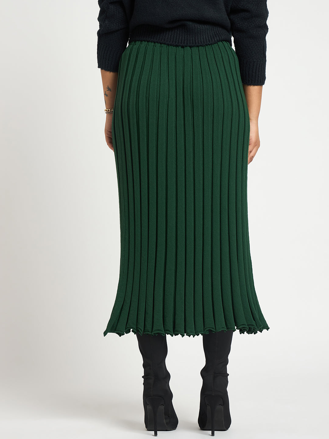 Forest Green Pleated Midi Knit Skirt