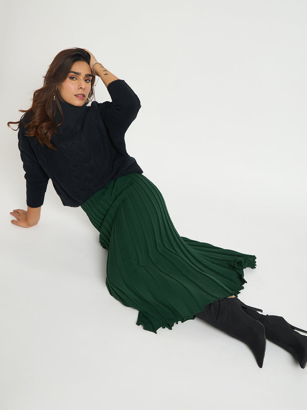 Forest Green Pleated Midi Knit Skirt