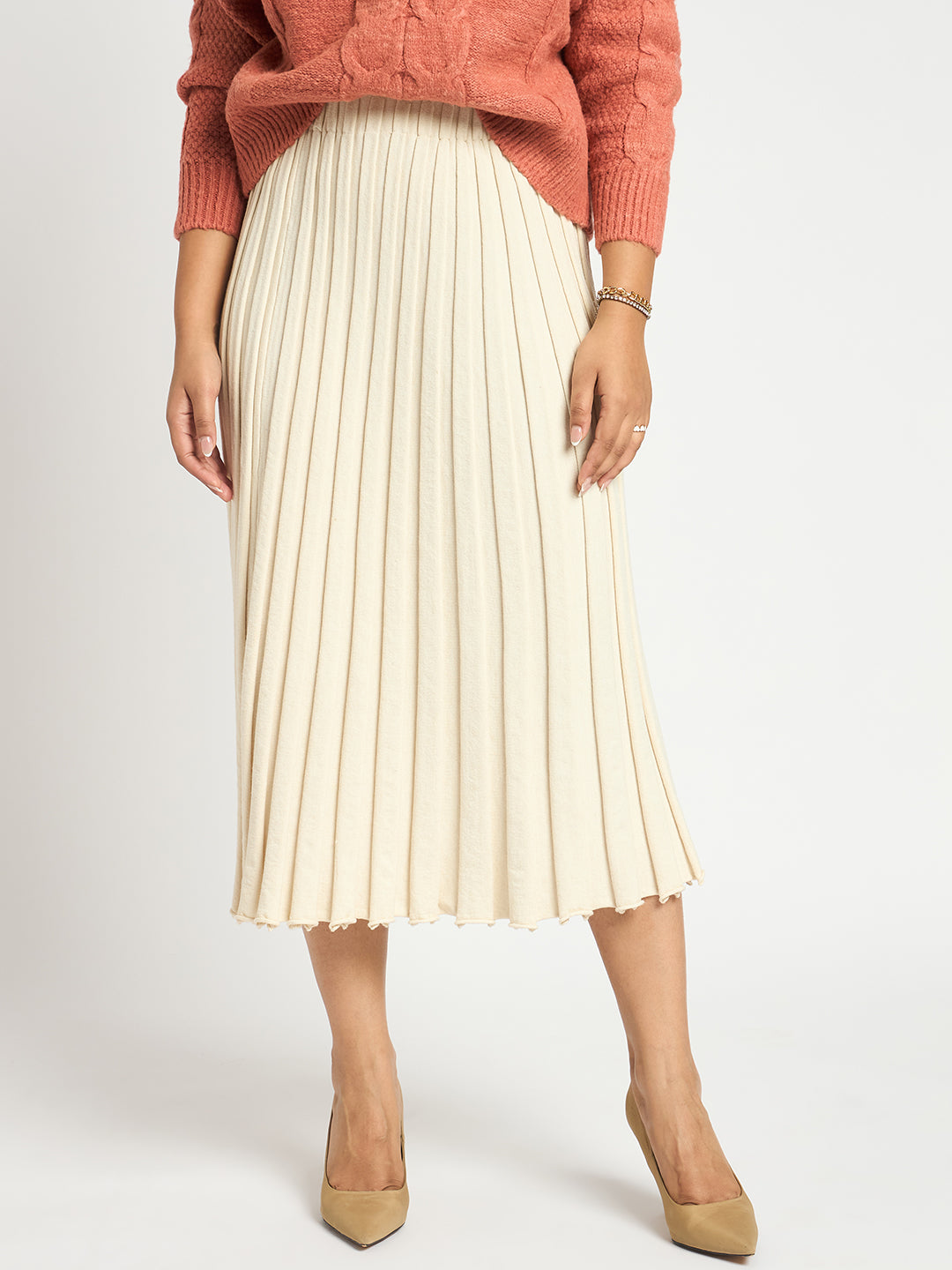 Ivory Pleated Midi Knit Skirt