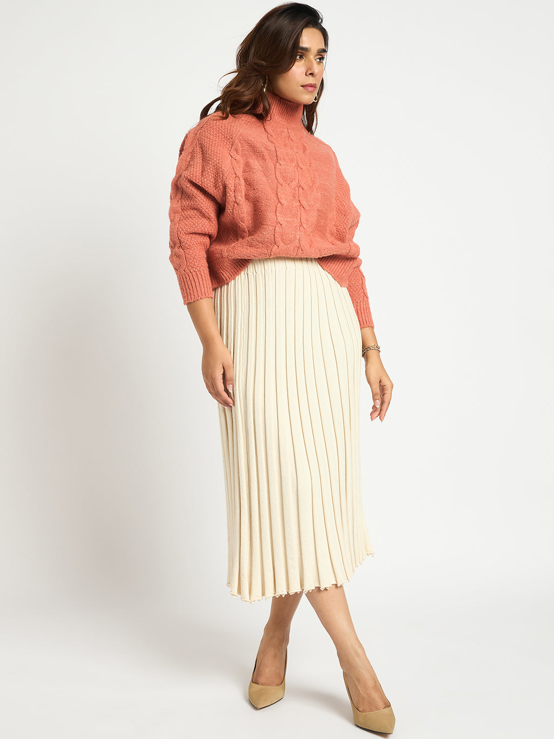 Ivory Pleated Midi Knit Skirt