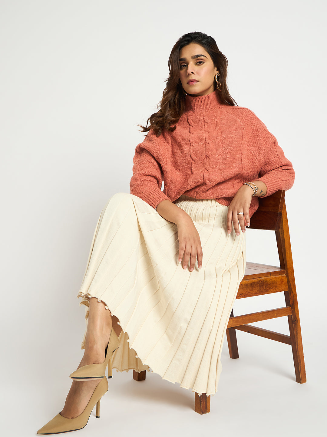 Ivory Pleated Midi Knit Skirt