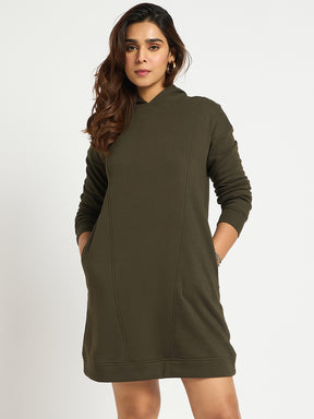 Olive Fleece Hooded Sweatshirt Dress