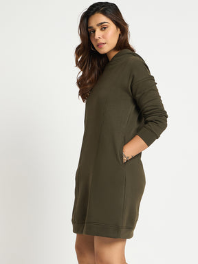 Olive Fleece Hooded Sweatshirt Dress