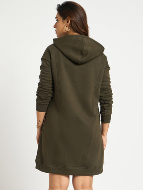 Olive Fleece Hooded Sweatshirt Dress