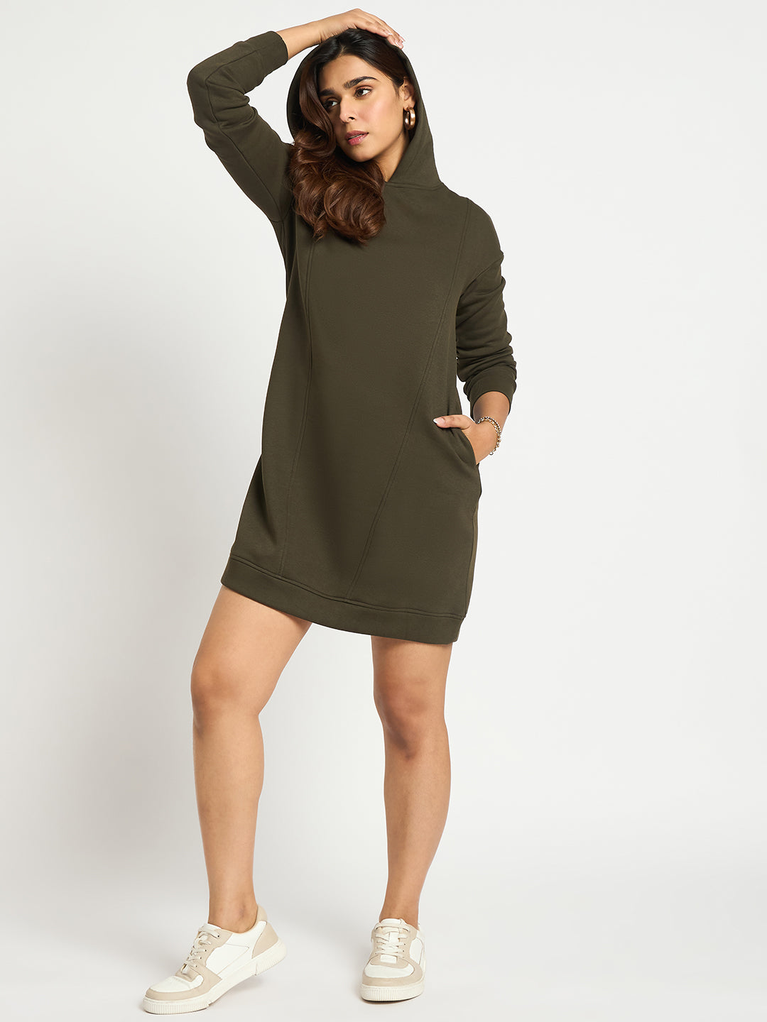 Olive Fleece Hooded Sweatshirt Dress