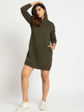 Olive Fleece Hooded Sweatshirt Dress