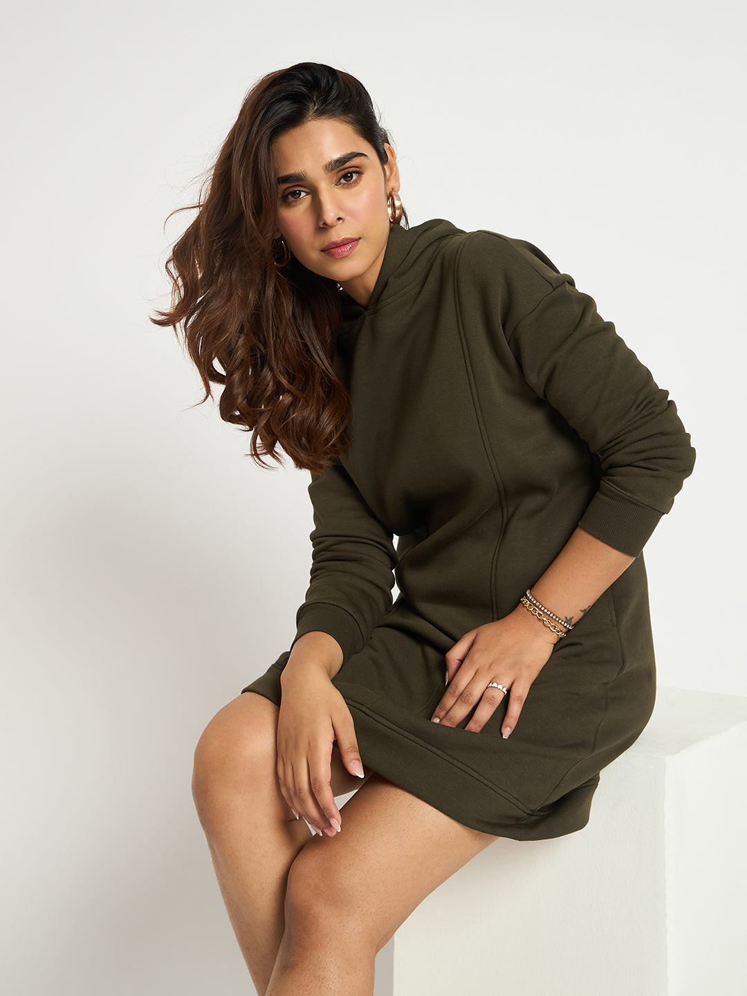 Olive Fleece Hooded Sweatshirt Dress