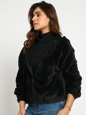 Black Zip-Up Fur Hoodie