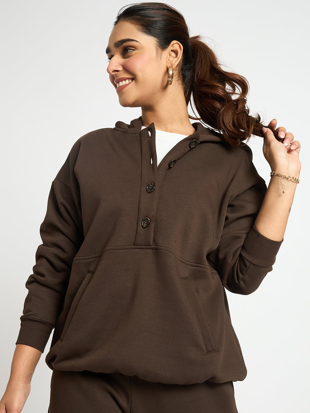 Coffee Brown Button Down Fleece Hoodie