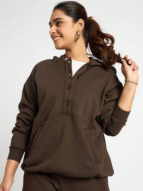 Coffee Brown Button Down Fleece Hoodie