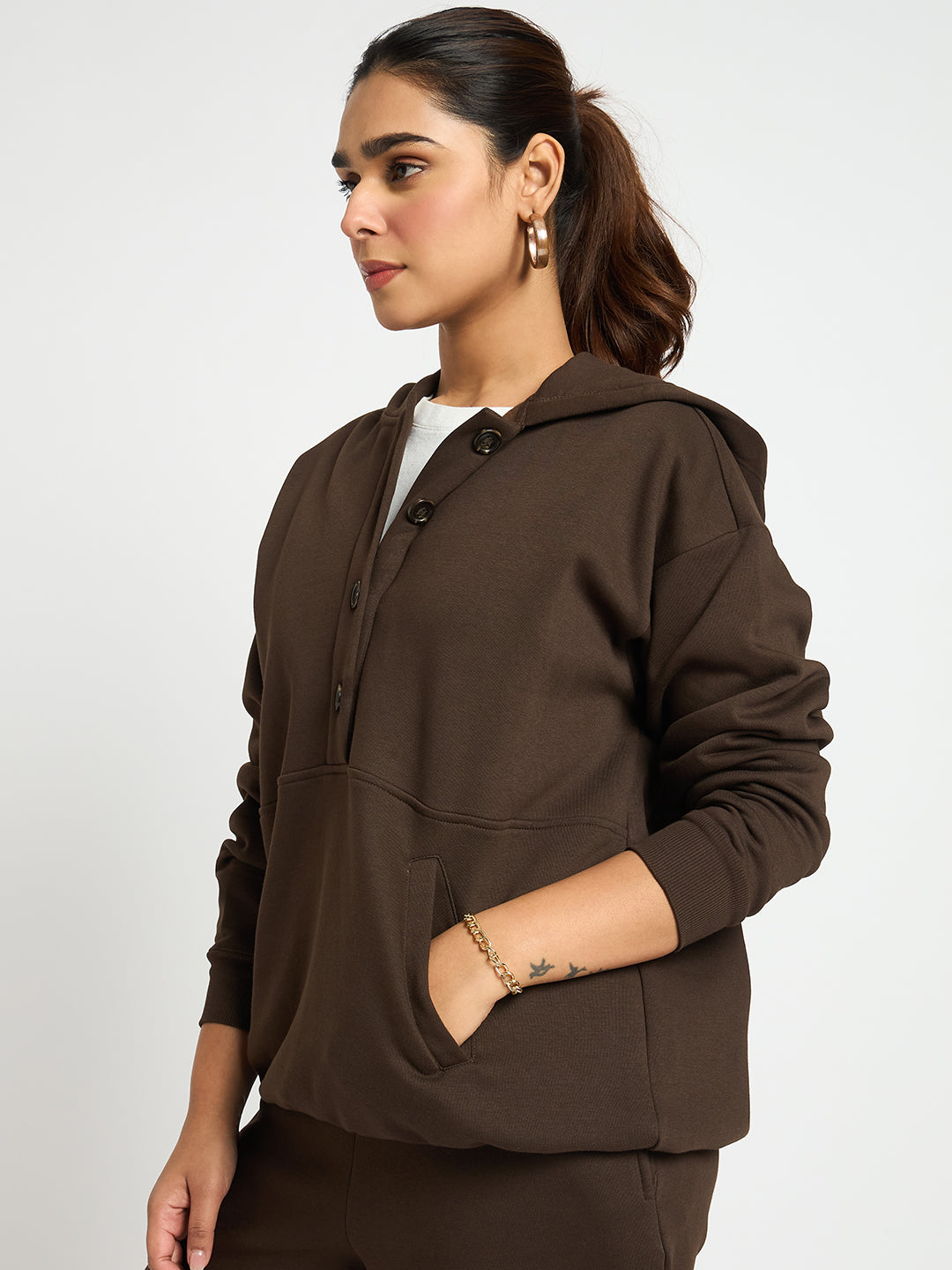 Coffee Brown Button Down Fleece Hoodie