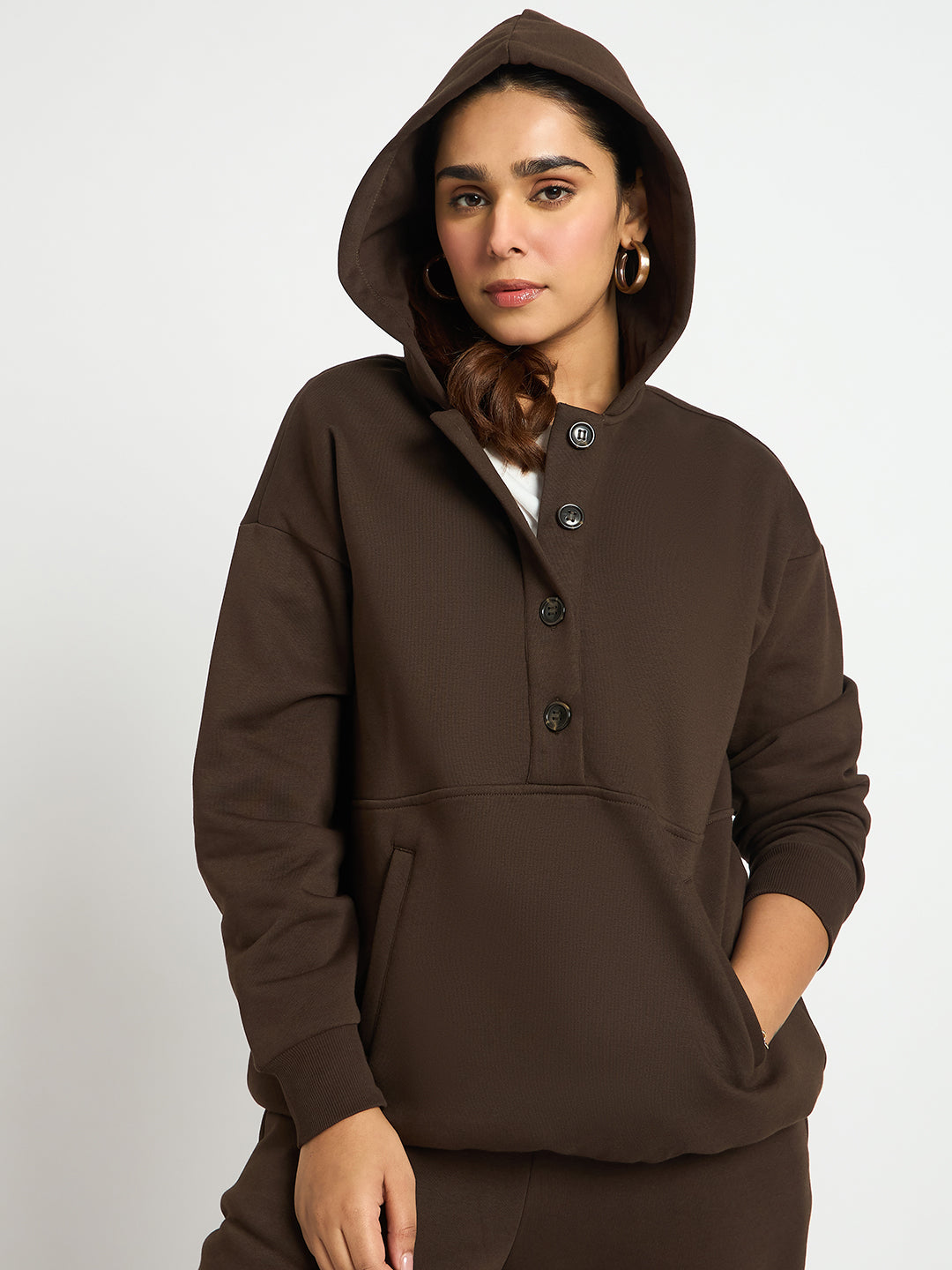 Coffee Brown Button Down Fleece Hoodie