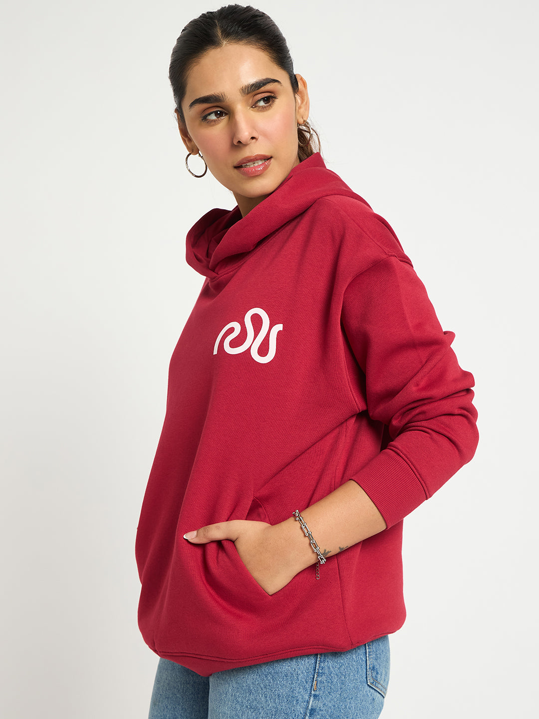 Red Oversize Fleece Graphic Hoodie