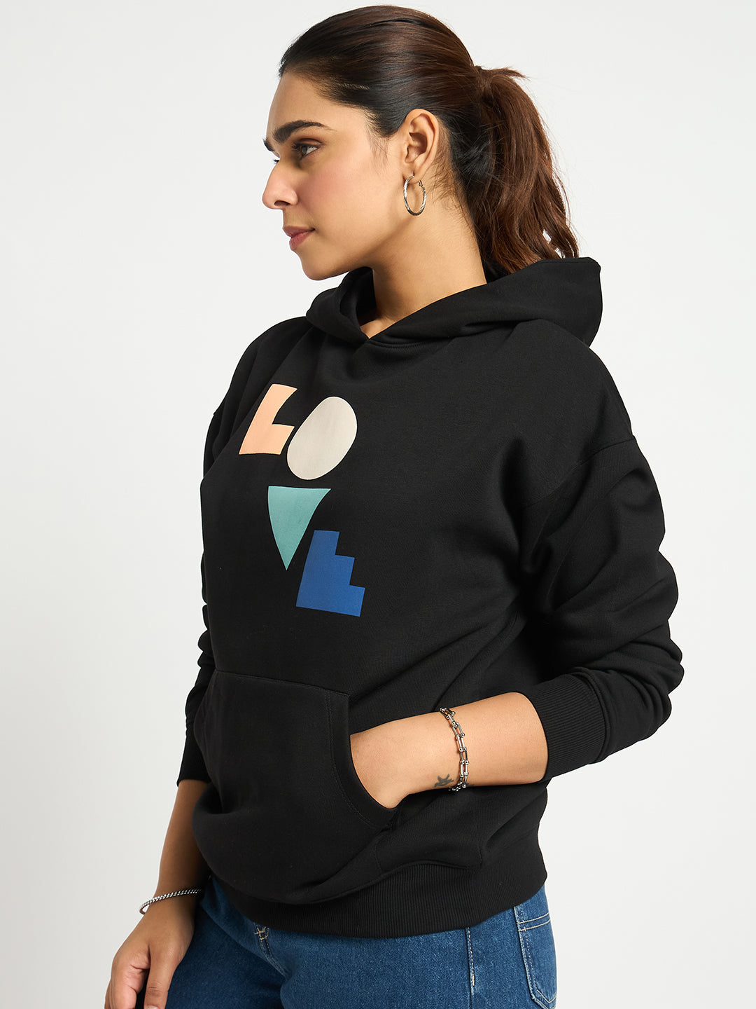 Black Oversize Fleece Graphic Hoodie