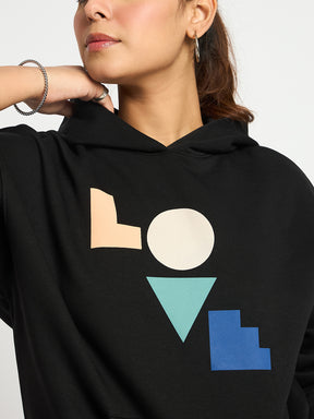 Black Oversize Fleece Graphic Hoodie