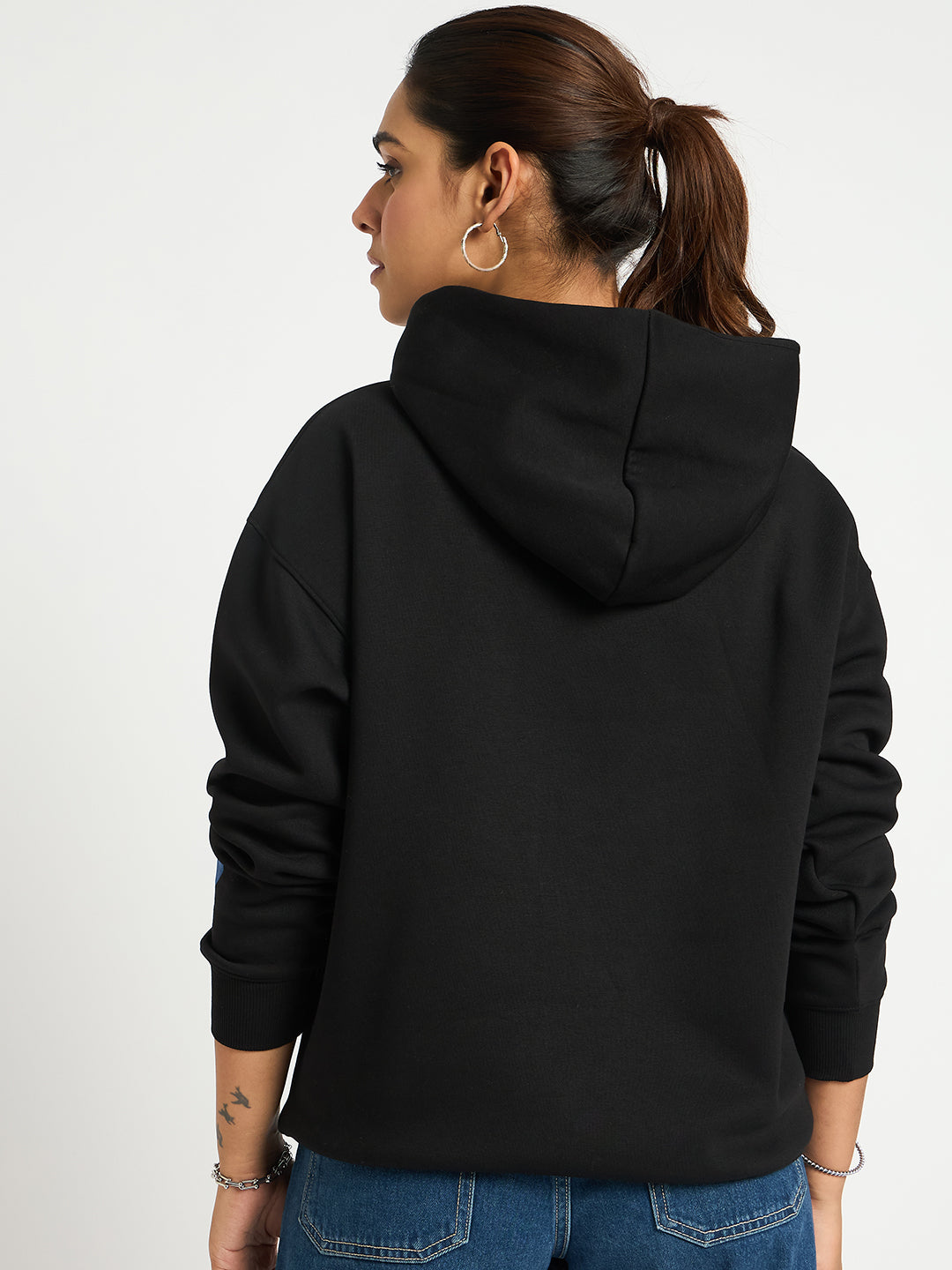 Black Oversize Fleece Graphic Hoodie