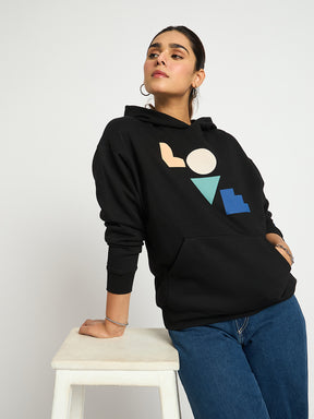 Black Oversize Fleece Graphic Hoodie