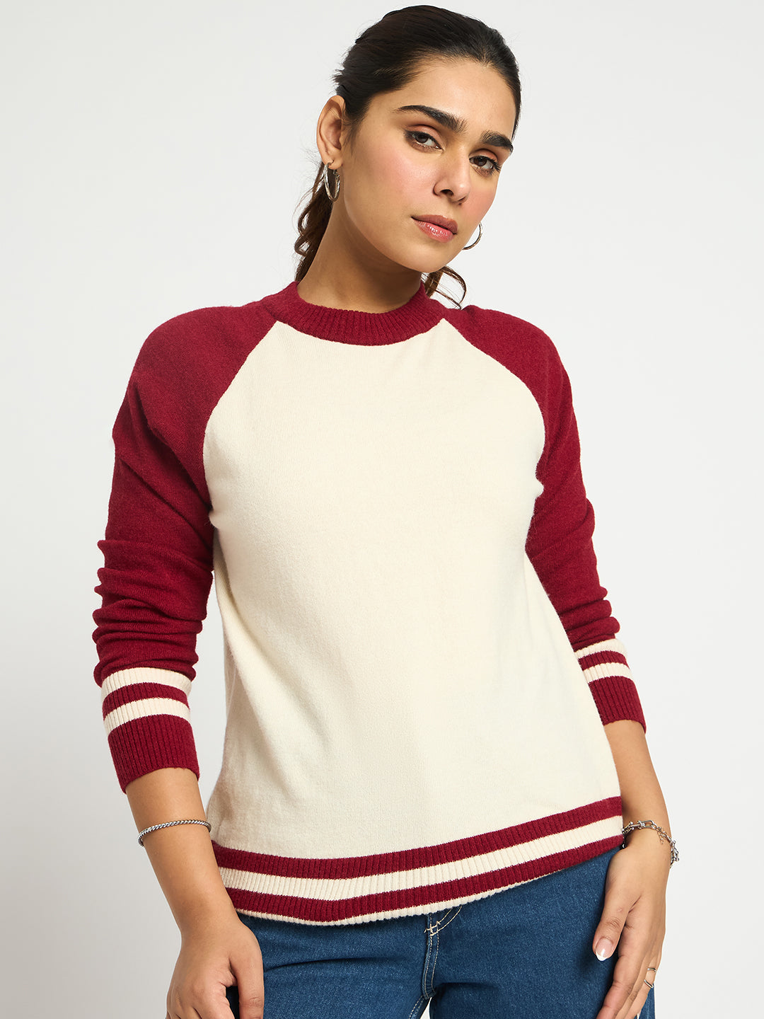 Ivory And Cranberry Colorblock Sweater