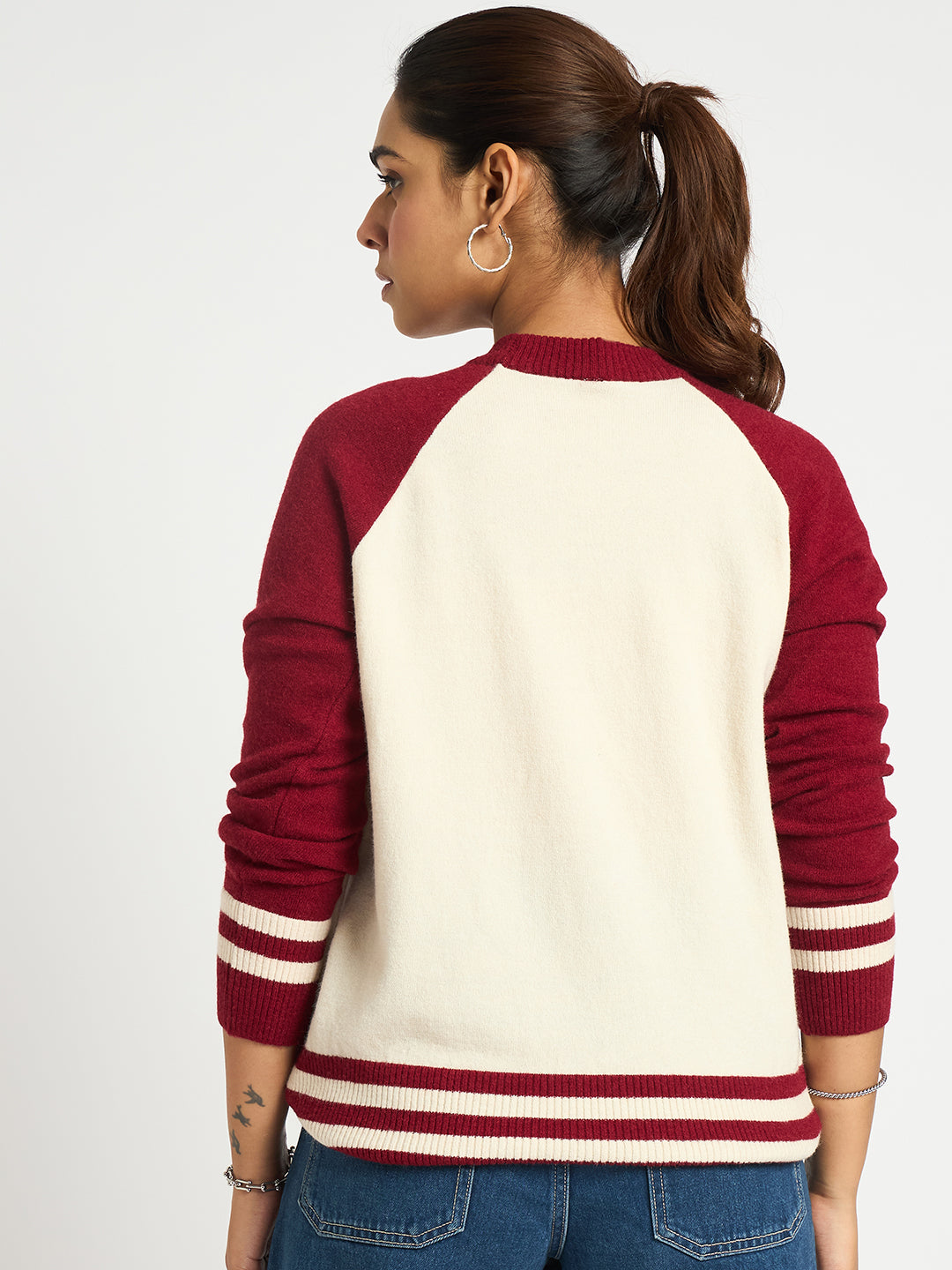 Ivory And Cranberry Colorblock Sweater